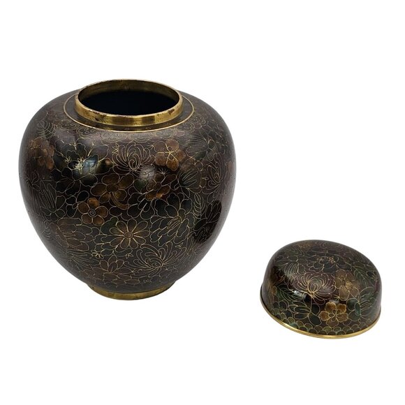 Vtg Chinese Cloisonne Ginger Jar & Lid Thousand Flower Design Brass Browns Gold - Picture 3 of 16